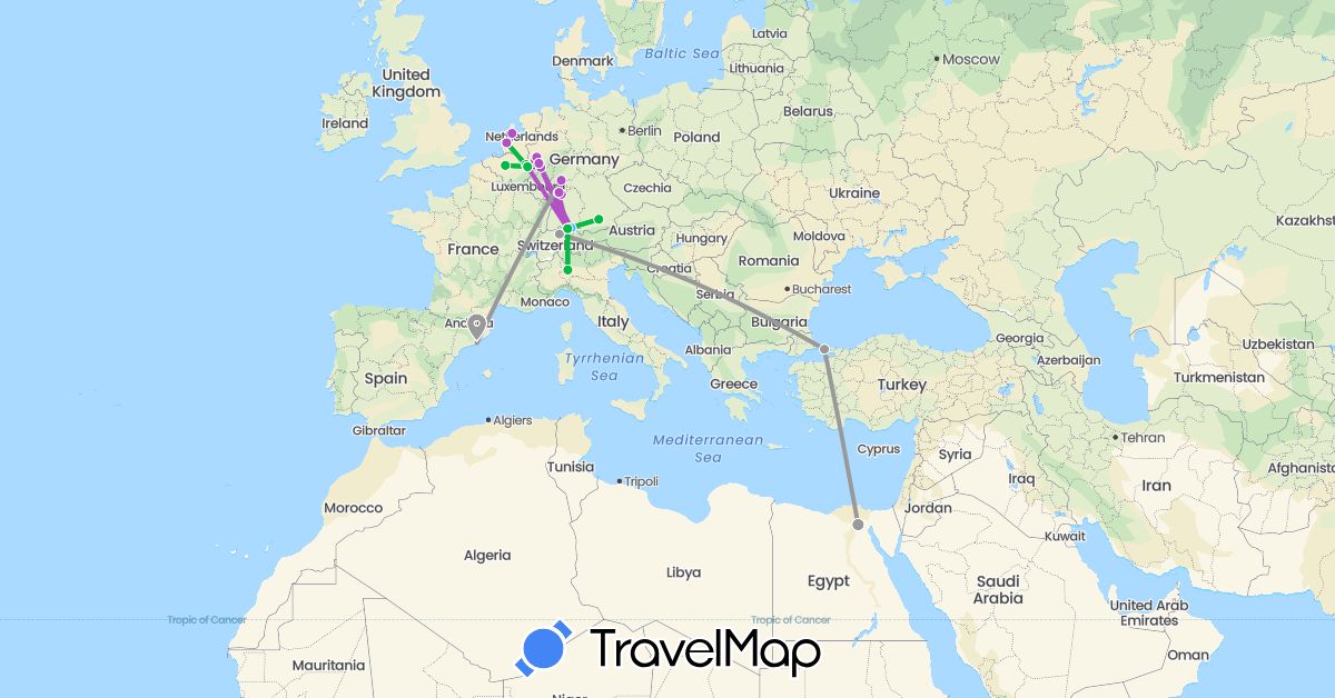 TravelMap itinerary: bus, plane, train, boat in Belgium, Switzerland, Germany, Egypt, Spain, Italy, Netherlands, Turkey (Africa, Asia, Europe)